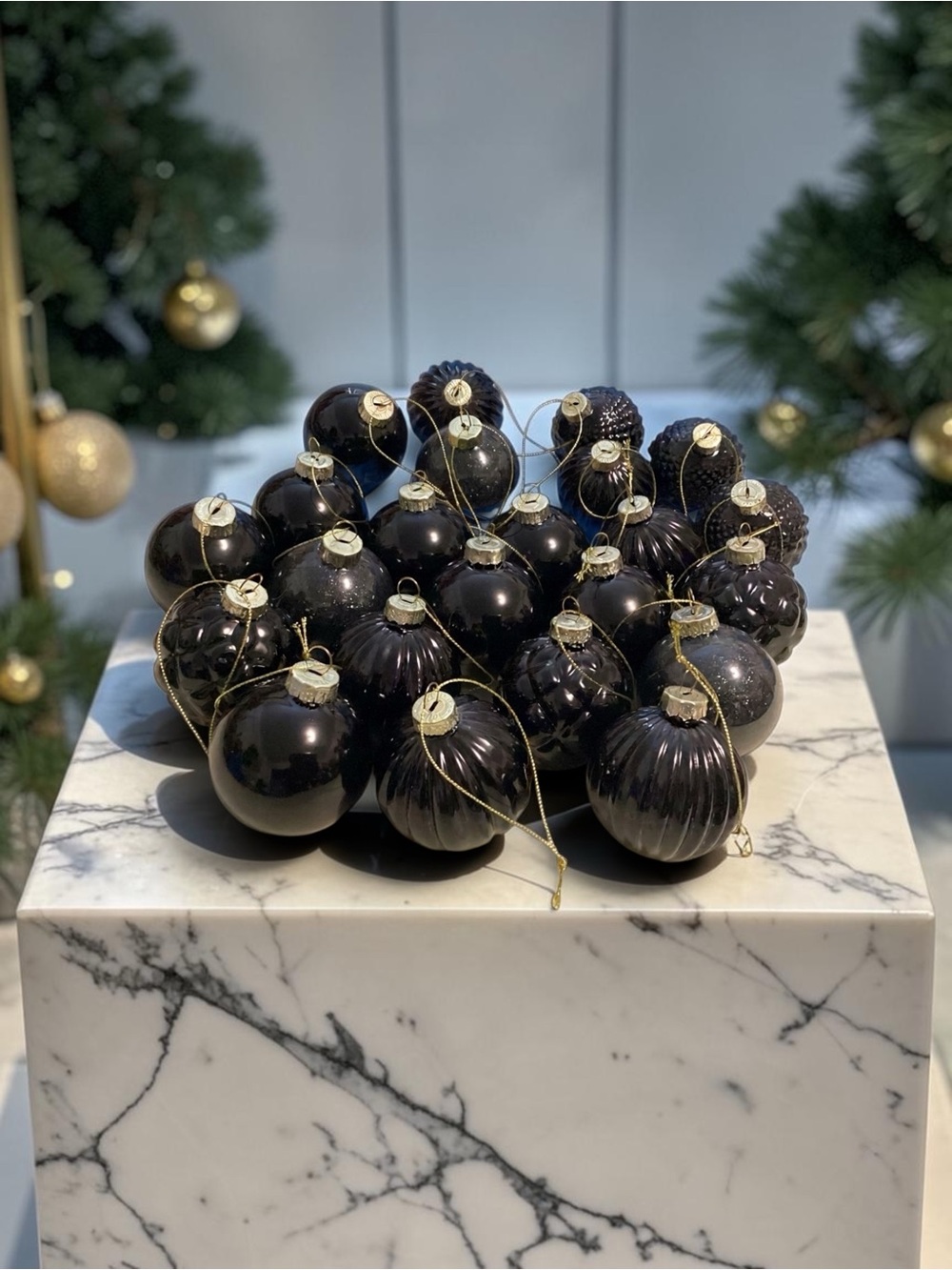 Black Glass Christmas Ornaments Set of 23 Gothic Holiday